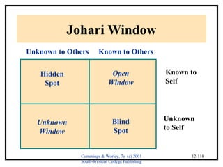 Cummings & Worley, 7e (c) 2001 
South-Western College Publishing 
12-110 
Johari Window 
Unknown to Others Known to Others 
Known to 
Self 
Unknown 
to Self 
Hidden 
Spot 
Open 
Window 
Unknown 
Window 
Blind 
Spot 
 