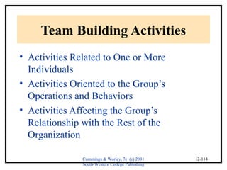 Cummings & Worley, 7e (c) 2001 
South-Western College Publishing 
12-114 
Team Building Activities 
• Activities Related to One or More 
Individuals 
• Activities Oriented to the Group’s 
Operations and Behaviors 
• Activities Affecting the Group’s 
Relationship with the Rest of the 
Organization 
 
