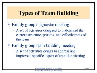 Cummings & Worley, 7e (c) 2001 
South-Western College Publishing 
12-116 
Types of Team Building 
• Family group diagnostic meeting 
– A set of activities designed to understand the 
current structure, process, and effectiveness of 
the team 
• Family group team-building meeting 
– A set of activities design to address and 
improve a specific aspect of team functioning 
 