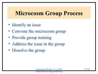 Cummings & Worley, 7e (c) 2001 
South-Western College Publishing 
13-121 
Microcosm Group Process 
• Identify an issue 
• Convene the microcosm group 
• Provide group training 
• Address the issue in the group 
• Dissolve the group 
 