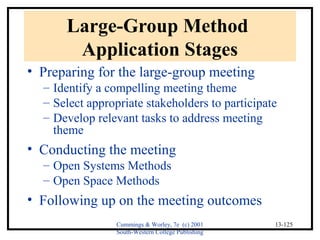 Cummings & Worley, 7e (c) 2001 
South-Western College Publishing 
13-125 
Large-Group Method 
Application Stages 
• Preparing for the large-group meeting 
– Identify a compelling meeting theme 
– Select appropriate stakeholders to participate 
– Develop relevant tasks to address meeting 
theme 
• Conducting the meeting 
– Open Systems Methods 
– Open Space Methods 
• Following up on the meeting outcomes 
 