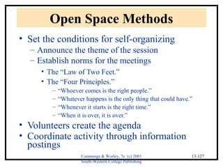 Cummings & Worley, 7e (c) 2001 
South-Western College Publishing 
13-127 
Open Space Methods 
• Set the conditions for self-organizing 
– Announce the theme of the session 
– Establish norms for the meetings 
• The “Law of Two Feet.” 
• The “Four Principles.” 
– “Whoever comes is the right people.” 
– “Whatever happens is the only thing that could have.” 
– “Whenever it starts is the right time.” 
– “When it is over, it is over.” 
• Volunteers create the agenda 
• Coordinate activity through information 
postings 
 
