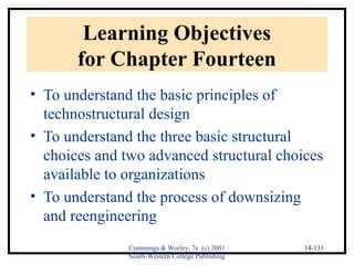 Cummings & Worley, 7e (c) 2001 
South-Western College Publishing 
14-131 
Learning Objectives 
for Chapter Fourteen 
• To understand the basic principles of 
technostructural design 
• To understand the three basic structural 
choices and two advanced structural choices 
available to organizations 
• To understand the process of downsizing 
and reengineering 
 