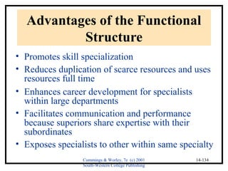Advantages of the Functional 
Cummings & Worley, 7e (c) 2001 
South-Western College Publishing 
14-134 
Structure 
• Promotes skill specialization 
• Reduces duplication of scarce resources and uses 
resources full time 
• Enhances career development for specialists 
within large departments 
• Facilitates communication and performance 
because superiors share expertise with their 
subordinates 
• Exposes specialists to other within same specialty 
 