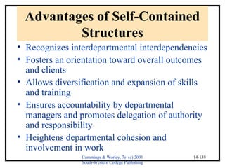 Advantages of Self-Contained 
Cummings & Worley, 7e (c) 2001 
South-Western College Publishing 
14-138 
Structures 
• Recognizes interdepartmental interdependencies 
• Fosters an orientation toward overall outcomes 
and clients 
• Allows diversification and expansion of skills 
and training 
• Ensures accountability by departmental 
managers and promotes delegation of authority 
and responsibility 
• Heightens departmental cohesion and 
involvement in work 
 