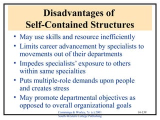 Cummings & Worley, 7e (c) 2001 
South-Western College Publishing 
14-139 
Disadvantages of 
Self-Contained Structures 
• May use skills and resource inefficiently 
• Limits career advancement by specialists to 
movements out of their departments 
• Impedes specialists’ exposure to others 
within same specialties 
• Puts multiple-role demands upon people 
and creates stress 
• May promote departmental objectives as 
opposed to overall organizational goals 
 