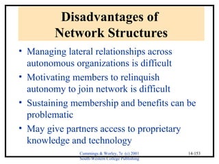 Cummings & Worley, 7e (c) 2001 
South-Western College Publishing 
14-153 
Disadvantages of 
Network Structures 
• Managing lateral relationships across 
autonomous organizations is difficult 
• Motivating members to relinquish 
autonomy to join network is difficult 
• Sustaining membership and benefits can be 
problematic 
• May give partners access to proprietary 
knowledge and technology 
 