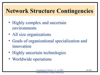 Network Structure Contingencies 
• Highly complex and uncertain 
environments 
• All size organizations 
• Goals of organizational specialization and 
innovation 
• Highly uncertain technologies 
• Worldwide operations 
Cummings & Worley, 7e (c) 2001 
South-Western College Publishing 
14-154 
 