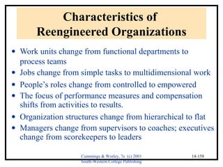 Cummings & Worley, 7e (c) 2001 
South-Western College Publishing 
14-158 
Characteristics of 
Reengineered Organizations 
· Work units change from functional departments to 
process teams 
· Jobs change from simple tasks to multidimensional work 
· People’s roles change from controlled to empowered 
· The focus of performance measures and compensation 
shifts from activities to results. 
· Organization structures change from hierarchical to flat 
· Managers change from supervisors to coaches; executives 
change from scorekeepers to leaders 
 