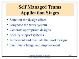 Cummings & Worley, 7e (c) 2001 
South-Western College Publishing 
16-177 
Self Managed Teams 
Application Stages 
• Sanction the design effort 
• Diagnose the work system 
• Generate appropriate designs 
• Specify support systems 
• Implement and evaluate the work design 
• Continual change and improvement 
 