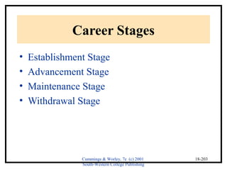 Cummings & Worley, 7e (c) 2001 
South-Western College Publishing 
18-203 
Career Stages 
• Establishment Stage 
• Advancement Stage 
• Maintenance Stage 
• Withdrawal Stage 
 