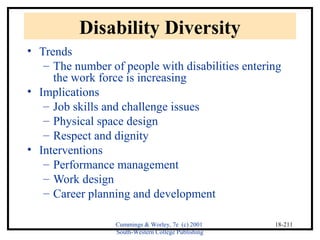 Cummings & Worley, 7e (c) 2001 
South-Western College Publishing 
18-211 
Disability Diversity 
• Trends 
– The number of people with disabilities entering 
the work force is increasing 
• Implications 
– Job skills and challenge issues 
– Physical space design 
– Respect and dignity 
• Interventions 
– Performance management 
– Work design 
– Career planning and development 
 