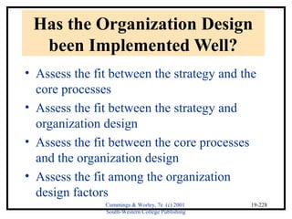 Has the Organization Design 
been Implemented Well? 
• Assess the fit between the strategy and the 
core processes 
• Assess the fit between the strategy and 
organization design 
• Assess the fit between the core processes 
and the organization design 
• Assess the fit among the organization 
design factors 
Cummings & Worley, 7e (c) 2001 
South-Western College Publishing 
19-228 
 
