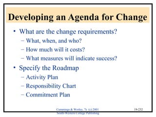Developing an Agenda for Change 
• What are the change requirements? 
Cummings & Worley, 7e (c) 2001 
South-Western College Publishing 
19-232 
– What, when, and who? 
– How much will it costs? 
– What measures will indicate success? 
• Specify the Roadmap 
– Activity Plan 
– Responsibility Chart 
– Commitment Plan 
 