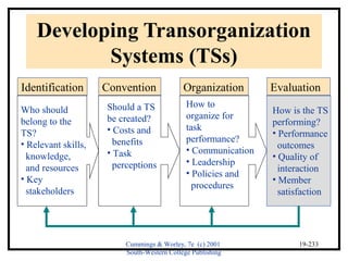 Developing Transorganization 
Cummings & Worley, 7e (c) 2001 
South-Western College Publishing 
19-233 
Systems (TSs) 
Identification Convention Organization Evaluation 
Who should 
Should a TS 
How to 
belong to the 
be created? 
organize for 
TS? 
• Costs and 
task 
• Relevant skills, 
benefits 
performance? 
knowledge, 
• Task 
• Communication 
and resources 
perceptions 
• Leadership 
• • Key 
Policies and 
stakeholders 
procedures 
How is the TS 
performing? 
• Performance 
outcomes 
• Quality of 
interaction 
• Member 
satisfaction 
 