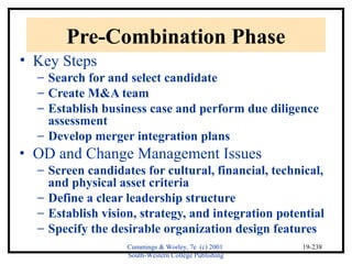 Cummings & Worley, 7e (c) 2001 
South-Western College Publishing 
19-238 
Pre-Combination Phase 
• Key Steps 
- Search for and select candidate 
- Create M&A team 
- Establish business case and perform due diligence 
assessment 
- Develop merger integration plans 
· OD and Change Management Issues 
- Screen candidates for cultural, financial, technical, 
and physical asset criteria 
- Define a clear leadership structure 
- Establish vision, strategy, and integration potential 
- Specify the desirable organization design features 
 