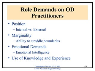 Cummings & Worley, 7e (c) 2001 
South-Western College Publishing 
3-24 
Role Demands on OD 
Practitioners 
• Position 
– Internal vs. External 
• Marginality 
– Ability to straddle boundaries 
• Emotional Demands 
– Emotional Intelligence 
• Use of Knowledge and Experience 
 