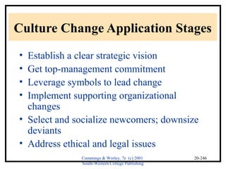 Culture Change Application Stages 
• Establish a clear strategic vision 
• Get top-management commitment 
• Leverage symbols to lead change 
• Implement supporting organizational 
changes 
• Select and socialize newcomers; downsize 
deviants 
• Address ethical and legal issues 
Cummings & Worley, 7e (c) 2001 
South-Western College Publishing 
20-246 
 