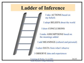 Cummings & Worley, 7e (c) 2001 
South-Western College Publishing 
20-255 
Ladder of Inference 
I take ACTIONS based on 
my beliefs 
I adopt BELIEFS about the world 
I draw CONCLUSIONS 
I make ASSUMPTIONS based on 
the meanings added 
I add MEANINGS (cultural and personal) 
I select DATA from what I observe 
I OBSERVE data and experiences 
 