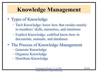 Cummings & Worley, 7e (c) 2001 
South-Western College Publishing 
20-256 
Knowledge Management 
• Types of Knowledge 
– Tacit Knowledge: know how that resides mainly 
in members’ skills, memories, and intuitions 
– Explicit Knowledge: codified know-how in 
documents, manuals, and databases 
• The Process of Knowledge Management 
– Generate Knowledge 
– Organize Knowledge 
– Distribute Knowledge 
 
