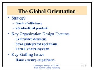 Cummings & Worley, 7e (c) 2001 
South-Western College Publishing 
21-272 
The Global Orientation 
• Strategy 
– Goals of efficiency 
– Standardized products 
• Key Organization Design Features 
– Centralized decisions 
– Strong integrated operations 
– Formal control systems 
• Key Staffing Issues 
– Home country ex-patriates 
 