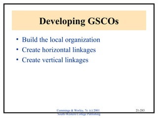 Cummings & Worley, 7e (c) 2001 
South-Western College Publishing 
21-283 
Developing GSCOs 
• Build the local organization 
• Create horizontal linkages 
• Create vertical linkages 
 