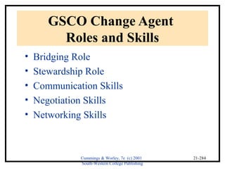 Cummings & Worley, 7e (c) 2001 
South-Western College Publishing 
21-284 
GSCO Change Agent 
Roles and Skills 
• Bridging Role 
• Stewardship Role 
• Communication Skills 
• Negotiation Skills 
• Networking Skills 
 