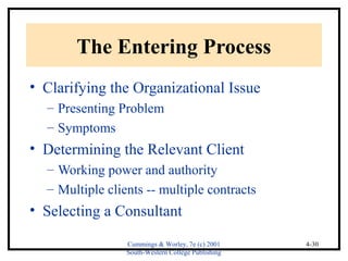 Cummings & Worley, 7e (c) 2001 
South-Western College Publishing 
4-30 
The Entering Process 
• Clarifying the Organizational Issue 
– Presenting Problem 
– Symptoms 
• Determining the Relevant Client 
– Working power and authority 
– Multiple clients -- multiple contracts 
• Selecting a Consultant 
 