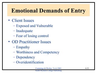 Emotional Demands of Entry 
• Client Issues 
– Exposed and Vulnerable 
– Inadequate 
– Fear of losing control 
• OD Practitioner Issues 
– Empathy 
– Worthiness and Competency 
– Dependency 
– Overidentification 
Cummings & Worley, 7e (c) 2001 
South-Western College Publishing 
4-32 
 