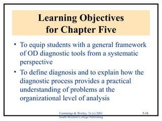 Cummings & Worley, 7e (c) 2001 
South-Western College Publishing 
5-34 
Learning Objectives 
for Chapter Five 
• To equip students with a general framework 
of OD diagnostic tools from a systematic 
perspective 
• To define diagnosis and to explain how the 
diagnostic process provides a practical 
understanding of problems at the 
organizational level of analysis 
 