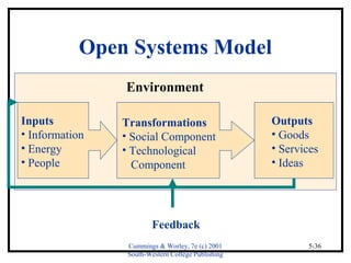 Cummings & Worley, 7e (c) 2001 
South-Western College Publishing 
5-36 
Open Systems Model 
Inputs 
• Information 
• Energy 
• People 
Transformations 
• Social Component 
• Technological 
Component 
Outputs 
• Goods 
• Services 
• Ideas 
Environment 
Feedback 
 