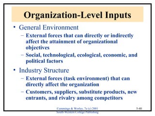 Cummings & Worley, 7e (c) 2001 
South-Western College Publishing 
5-40 
Organization-Level Inputs 
• General Environment 
– External forces that can directly or indirectly 
affect the attainment of organizational 
objectives 
– Social, technological, ecological, economic, and 
political factors 
• Industry Structure 
– External forces (task environment) that can 
directly affect the organization 
– Customers, suppliers, substitute products, new 
entrants, and rivalry among competitors 
 