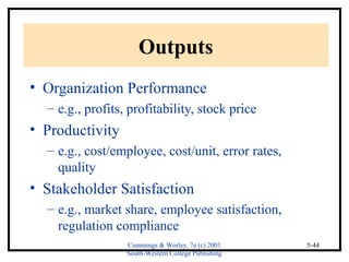 Cummings & Worley, 7e (c) 2001 
South-Western College Publishing 
5-44 
Outputs 
• Organization Performance 
– e.g., profits, profitability, stock price 
• Productivity 
– e.g., cost/employee, cost/unit, error rates, 
quality 
• Stakeholder Satisfaction 
– e.g., market share, employee satisfaction, 
regulation compliance 
 