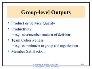 Cummings & Worley, 7e (c) 2001 
South-Western College Publishing 
6-49 
Group-level Outputs 
• Product or Service Quality 
• Productivity 
– e.g., cost/member, number of decisions 
• Team Cohesiveness 
– e.g., commitment to group and organization 
• Member Satisfaction 
 