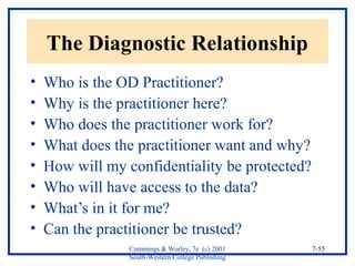 Cummings & Worley, 7e (c) 2001 
South-Western College Publishing 
7-55 
The Diagnostic Relationship 
• Who is the OD Practitioner? 
• Why is the practitioner here? 
• Who does the practitioner work for? 
• What does the practitioner want and why? 
• How will my confidentiality be protected? 
• Who will have access to the data? 
• What’s in it for me? 
• Can the practitioner be trusted? 
 