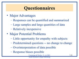Cummings & Worley, 7e (c) 2001 
South-Western College Publishing 
7-58 
Questionnaires 
• Major Advantages 
– Responses can be quantified and summarized 
– Large samples and large quantities of data 
– Relatively inexpensive 
• Major Potential Problems 
– Little opportunity for empathy with subjects 
– Predetermined questions -- no change to change 
– Overinterpretation of data possible 
– Response biases possible 
 