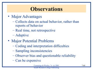 Cummings & Worley, 7e (c) 2001 
South-Western College Publishing 
7-60 
Observations 
• Major Advantages 
– Collects data on actual behavior, rather than 
reports of behavior 
– Real time, not retrospective 
– Adaptive 
• Major Potential Problems 
– Coding and interpretation difficulties 
– Sampling inconsistencies 
– Observer bias and questionable reliability 
– Can be expensive 
 