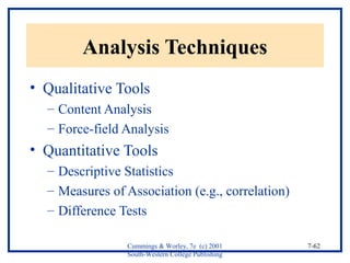 Cummings & Worley, 7e (c) 2001 
South-Western College Publishing 
7-62 
Analysis Techniques 
• Qualitative Tools 
– Content Analysis 
– Force-field Analysis 
• Quantitative Tools 
– Descriptive Statistics 
– Measures of Association (e.g., correlation) 
– Difference Tests 
 