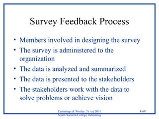 Cummings & Worley, 7e (c) 2001 
South-Western College Publishing 
8-69 
Survey Feedback Process 
• Members involved in designing the survey 
• The survey is administered to the 
organization 
• The data is analyzed and summarized 
• The data is presented to the stakeholders 
• The stakeholders work with the data to 
solve problems or achieve vision 
 