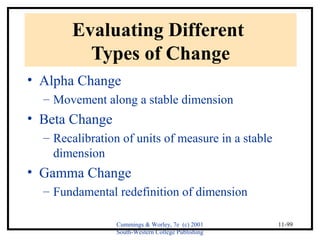 Cummings & Worley, 7e (c) 2001 
South-Western College Publishing 
11-99 
Evaluating Different 
Types of Change 
• Alpha Change 
– Movement along a stable dimension 
• Beta Change 
– Recalibration of units of measure in a stable 
dimension 
• Gamma Change 
– Fundamental redefinition of dimension 
 
