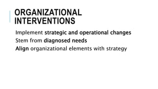 ORGANIZATIONAL
INTERVENTIONS
Implement strategic and operational changes
Stem from diagnosed needs
Align organizational elements with strategy
 