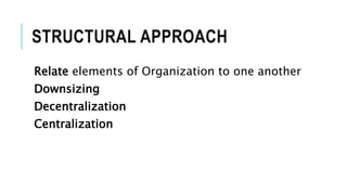 STRUCTURAL APPROACH
Relate elements of Organization to one another
Downsizing
Decentralization
Centralization
 
