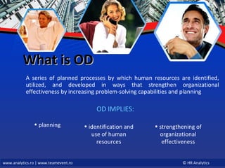 What is OD A series of planned processes by which human resources are identified, utilized, and developed in ways that strengthen organizational effectiveness by increasing problem-solving capabilities and planning OD IMPLIES: planning identification and use of human resources strengthening of organizational effectiveness 