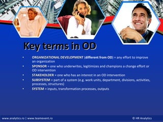 ORGANIZATIONAL DEVELOPMENT   ( different from OD ) = any effort to improve an organization SPONSOR   = one who underwrites, legitimizes and champions a change effort or OD intervention STAKEHOLDER   = one who has an interest in an OD intervention SUBSYSTEM   = part of a system (e.g. work units, department, divisions, activities, processes, structures) SYSTEM   = inputs, transformation processes, outputs Key terms in OD 