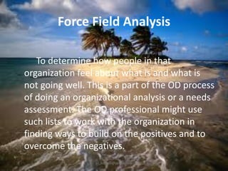 Force Field Analysis
To determine how people in that
organization feel about what is and what is
not going well. This is a part of the OD process
of doing an organizational analysis or a needs
assessment. The OD professional might use
such lists to work with the organization in
finding ways to build on the positives and to
overcome the negatives.
jo_bitonio@yahoo.com

 