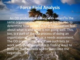 Force Field Analysis
An OD professional, along with others in the
same organization, might use a list like this to
determine how people in that organization feel
about what is and what is not going well. This,
too, is a part of the OD process of doing an
organizational analysis or a needs assessment.
The OD professional might use such lists to
work with the organization in finding ways to
build on the positives and to overcome the
negatives.
jo_bitonio@yahoo.com

 
