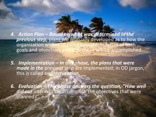 4. Action Plan – Based on what was determined in the
previous step, plans are mutually developed as to how the
organization wishes to move forward, in terms of both
goals and objectives and how these will be accomplished.
5. Implementation – In this phase, the plans that were
made in the previous step are implemented; in OD jargon,
this is called an intervention.
6. Evaluation – This phase answers the question, “How well
did our intervention accomplish the objectives that were
planned?”
jo_bitonio@yahoo.com

 