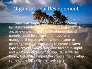 Organizational Development
Start with family meetings with rotating
facilitators (even the young children!) at which
any grievances against each other or against
parents could be voiced and (hopefully)
managed, if not resolved. When it came to
planning, use brainstorming to create a Likerttype survey to which everyone had equal input
and whatever came out on top, OD serve the
family, but it also helped the children to develop
some of the OD skills themselves.
jo_bitonio@yahoo.com

 