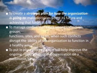 ■ To create a strategic plan for how the organization
is going to make decisions about its future and
achieving that future
■ To manage conflict that exists among individuals,
groups,
functions, sites, and so on, when such conflicts
disrupt the ability of the organization to function in
a healthy way
■ To put in place processes that will help improve the
ongoing operations of the organization on a
continuous basis
jo_bitonio@yahoo.com

 