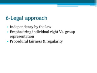 6-Legal approach 
• Independency by the law 
• Emphasizing individual right Vs. group 
representation 
• Procedural fairness & regularity 
 